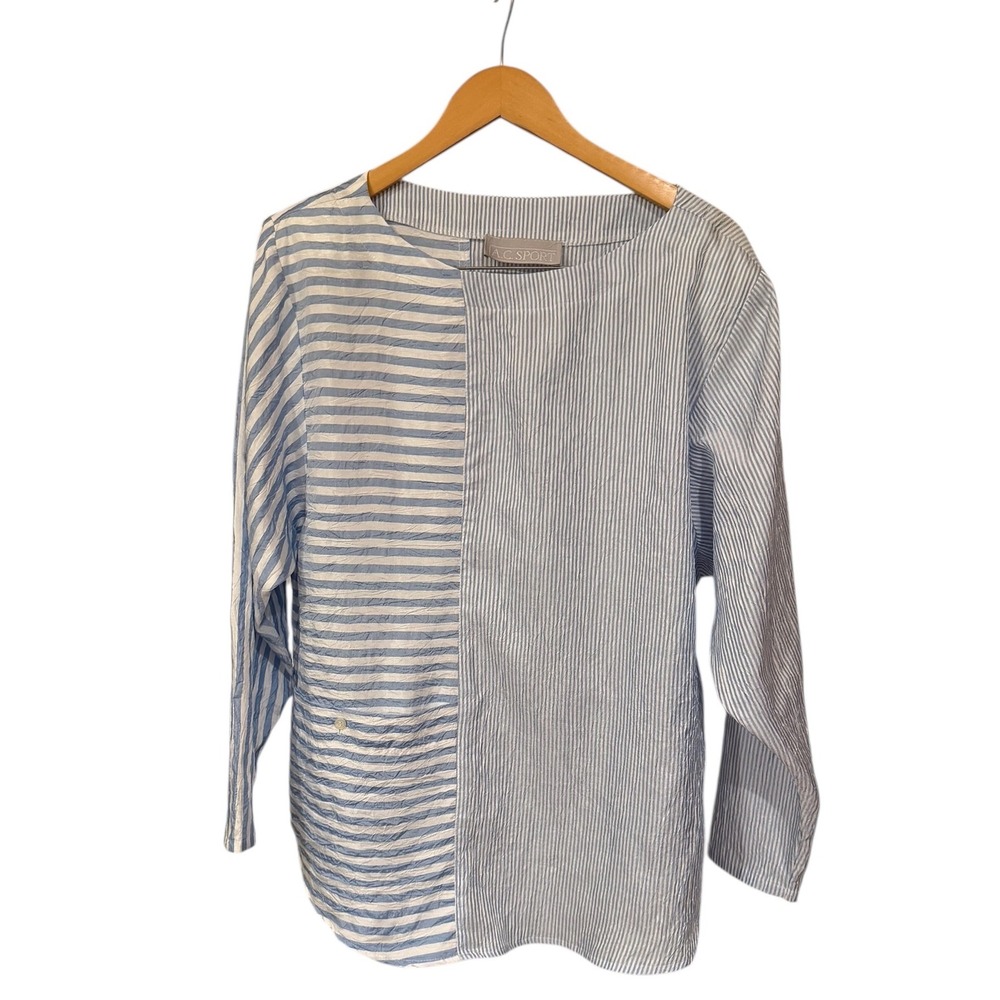 Vtg 80s A.C. Sport Striped Blouse Nautical Casual‎ USA Fit Blue White Top XL